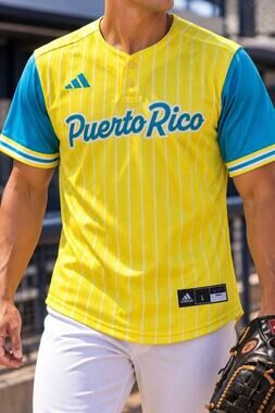 Adidas Puerto Rico Baseball Jersey Mens L Yellow Aqua Little League World Series